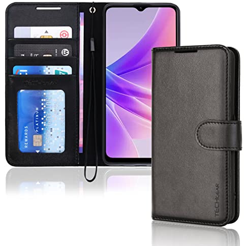 TECHGEAR Leather Wallet Case for Oppo A57e / A57s / A57 4G, Flip Protective Case Cover with Wallet Card Holder, Stand & Wrist Strap - Black PU Leather with Magnetic Closure