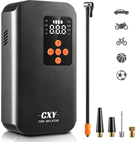 CXY 7500mah Compressore Aria Portatile Auto, Elettrico Pompa Elettrica per Bicicletta, Mini Compressore Pneumatici per Auto Ricaricabili con 4 Ugelli Diversi per Auto, Moto, Biciclette e Palloni
