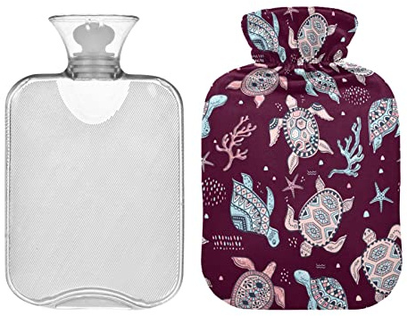 Boho Cute Sea Turtles Vintage Hot Water Bottle with Cover 1L Hot Water Bag Hot/Cold Compress Neck and Shoulder Pain Relief