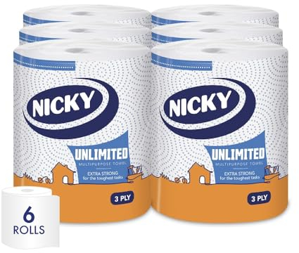 Nicky Unlimited Multipurpose Towel – 6 Rolls Per Pack, 3 Ply Roll, 250 Sheets per Roll, 1500 Sheets per Pack, Easy Opening Pack, Extra Strong, Indoor or Outdoor Use, 30% Recycled Packaging