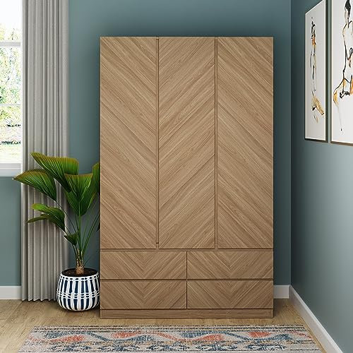 GFW Catania 3 Door Hanging Rail Deep Top Storage Shelf & 4 Drawers Wooden Wardrobe, Modern Bedroom Furniture Clothes Storage With Euro Oak Design Finish, Oak H195cm x W119.5cm x D51.5cm