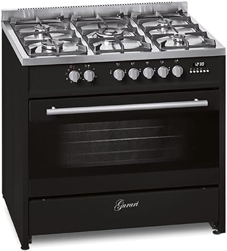 Gurari Fornello a gas con forno elettrico GCH E 911 BL fornello a gas 90 cm Nero | Range Coocker5 Zone di cottura 3,8 kW WOK | Fornello a gas propano/gas naturale | 8 Forno elettrico multifunzione 121