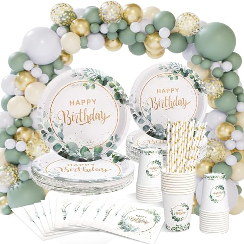 YIMAKJ Vaisselle de Fête Assiette, Fille Kit Vaisselle Anniversaire de fête, Vert Enfants Party Vaisselle, Arche Ballon Anniversaire pour Decoration Anniversaire(16 invités), LVVPZ-001