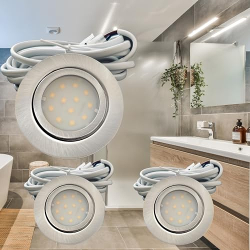 Rolux IP44 Möbel Einbauleuchte Leni 12V flach 3 x 2,4W LED-Einbaustrahler 55mm Lochausschnitt 200lm Edelstahl geb. inkl. LED Trafo, AMP Verteiler, 230V Zuleitung mit Schnurschalter 3000K Warmweiß