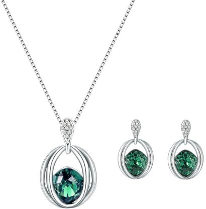 FDEETY Jewellery Sets Crystal Diamonds Pendant Necklace Earring Set Bridal Wedding Bridesmaid Jewellery Set for Women Girls (Green)