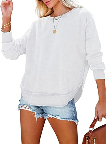 BLENCOT Womens Crew Neck Sweatshirt Long Sleeve Pullover White Casual Long Sleeve T-Shirt Blouses Tunic Tops Size 12