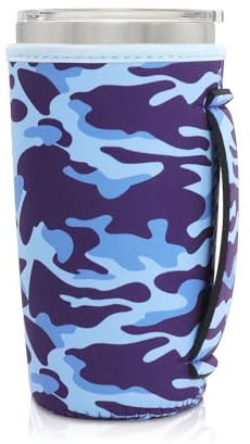 AJLTPA Neoprene Insulated Sleeves Cup Holder with Handle for 20oz Tumbler Cups, Reusable Iced Coffee Sleeve Compatible with Starbucks Trenta, Dunkin Large, more(Blue Camo)