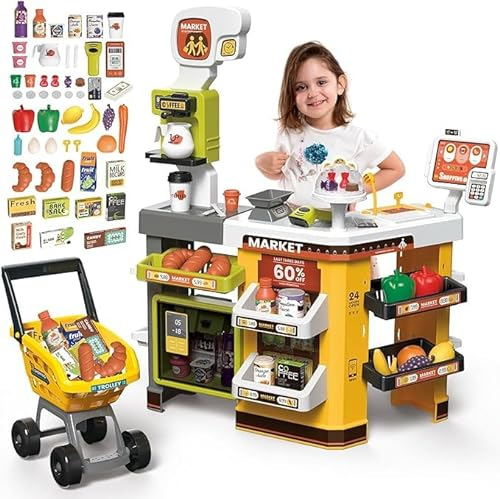 deAO Supermercato Con Carrello Della Spesa, Registratore Di Cassa, 65pcs Accessori Per Negozi, Registratore Di Cassa Con Scanner E Suono, Negozio Giocattolo Per Bambini Da 3 Anni, Compleanno