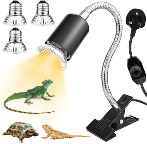 Sayudar Sea Turtle Heat Lamp, UVA UVB Lamp Reptile Kit, Animal Breeding 3x50W Bulb 360° Swivel Clip Holder for Reptiles, Snake Lizard Turtle Chameleon Chick Frog,Yellow Light, Halogen lamp, CW0335