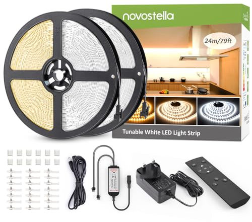 NOVOSTELLA 24M White LED Strip Lights Warm White Daylight Cool Soft 3000K-6500K, Dimmable Tunable LED Tape Light with RF Remote, Flexible LED Ropes Kit for Bedroom Kitchen Wardrobe