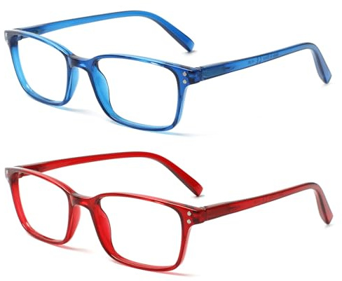 COJWIS Lesebrille 2 Pack Blaue Licht Blockieren Brille Federscharnier Anti Schwindlig Damen und Herren Leicht Brillen (1 Rot 1 Blau, 4.00, x)