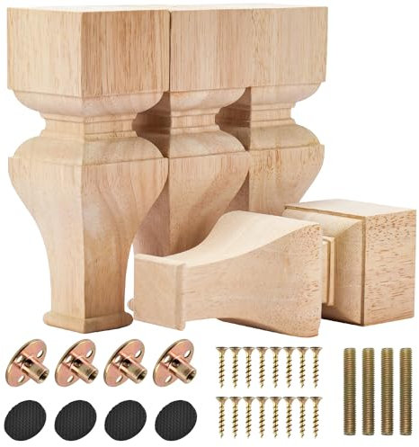 Btowin VCF Lot de 4 pieds de meubles en bois massif sculpté de 20 cm, pieds de canapé géométriques bruts avec plaque de montage et vis pour canapé, armoire, table, support TV