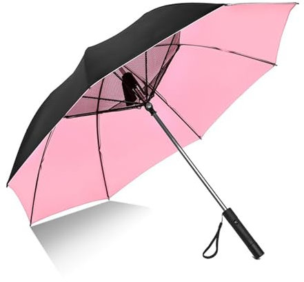 LONGTO 3 in 1 Umbrella with Fan and Mister, UV Protection, USB Rechargeable Summer Sunshade, Pink, 23in