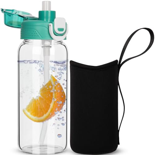 DEARRAY 0.6l Botella Agua Cristal con Pajita, 600ml a Prueba de Fugas Botella de Vidrio Borosilicato con Funda de Neopreno para la Escuela, Niños y Adultos