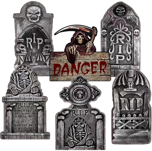 6 Stück Halloween Schaumstoff RIP Friedhof Grabsteine Set,42cm Halloween Grabstein Hofschilder Dekorationen mit Erdspießen Halloween Deko Outdoor Garten für Halloween-Party,Spukhaus, Rasen im Freien