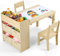 Kindertisch mit 2 Stühlen, Kindersitzgruppe mit Stauraum, Holz Kinder Tisch Stuhl Set, Maltisch Schreibtisch mit Papierrolle und 4 Aufbewahrungskiste, Kindertisch für Schule Kindertagesstätte, Gelb