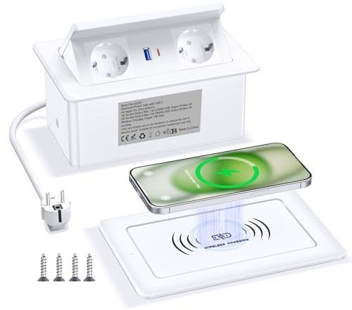 Prise Encastrable Plan de Travail avec USB C PD 20 W et 15 W - Chargeur sans fil, Multiprise Encastrable Plan de Travail USB C pour Table de Canapé, Maison Bureau - Câble de 1,8 m, Blanc