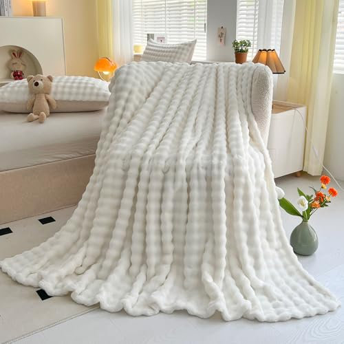Kuscheldecke Milchsamt Blasen Decke Super Soft Wohndecke Dick 450 G/M² Flanell Decke Couchdecke Warme Überwurfdecke Sofadecke Vielseitig Blanket Für Bett Sofa Schlafzimmer Büro Weiß 180 x 230cm