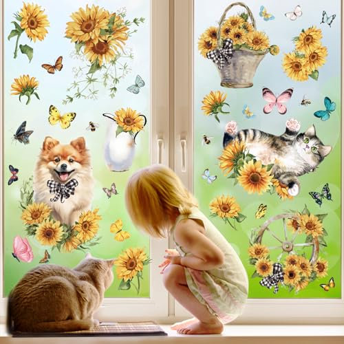 59 Stück Fensterbilder Frühling Selbstklebend, PVC Fensterfolie Bunt mit Schmetterling, Frühlings Sommer Fensterdeko, Aufkleber Blumen Fensterbilder Kinderzimmer, Fensterbild für Glasscheiben