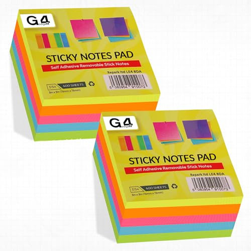 G4GADGET 800pcs Sticky Notes 75x75mm – 2 Cube (10 Pads of 80 Sheets), 5 Vibrant Colours – Self-Stick Notes for Office, Home & School – Strong Adhesive, Easy to Write, Removable & Reusable