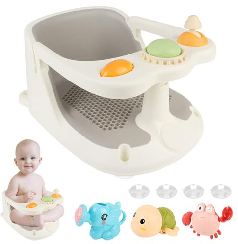 Aragallant Asiento de Baño para Bebé de 6+ meses, Silla Bañera Bebé Antideslizante, Asiento Ducha Bebé con 4 Ventosas, Silla para Ducha de Bebe con Juguetes, Soporte Bañera Bebe