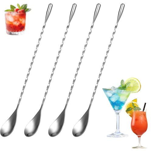 4 Stück Barlöffel Lange Löffel Cocktaillöffel 25cm Edelstahl Longdrinkrührer mit Spiralmuster und Spiegelpolitur Stilvolles Design Perfekt für Martinis