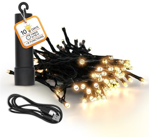 Spetebo Akku Lichterkette per USB aufladbar bis 10 Tage Leuchtdauer mit Timer - 50 LED auf 3,7m - Außen Dekolicht warm weiß mit 8 Funktionen - Weihnachten Garten Pavillon Deko Beleuchtung wasserdicht