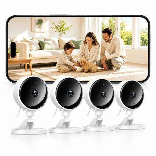 WOLFANG Telecamera WiFi Interno, Videocamera Sorveglianza 1080P, Visione Notturna, Audio Bidirezionale, Notifiche del Sensore di Movimento, scheda SD e archiviazione cloud, 360°, Confezione da 4