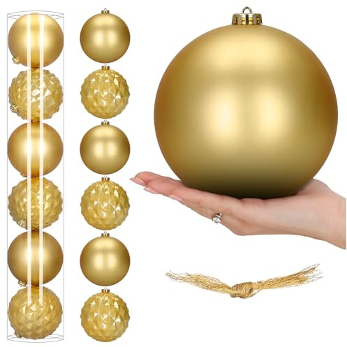 Weihnachtskugeln Set 6-teilig Gold Groß 15 cm Christbaumschmuck Aus Kunststoff Nicht Zerbrechlich Halbmatte & Geometrische Kugeln Mit Aufhänger Für Weihnachtsbaum Deko Innenbereich SPRINGOS