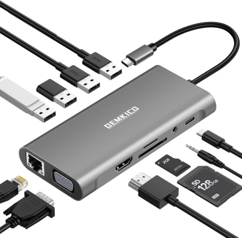 USB C Hub 11-in-1 mit HDMI 4K VGA 1080P Ethernet SD/TF Kartenleser | 100W PD-Ladeanschluss, 1 USB 3.0, 3 USB 2.0 und 3,5 mm Audio für Laptops, Tablets & Telefone