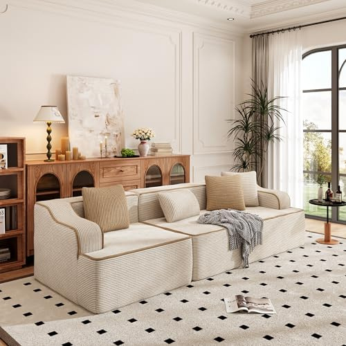 PHI VILLA Modular Boneless Couch, 3 Seater Cloud Sofa for Living Room, Foam Compressed Corner Sectional Sofas with Deep Seat and 4 Pillows, No Assembly Required, Corduroy Beige