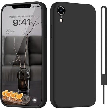 HGH für iPhone XR Hülle Silikon mit Lanyard, Schwarz | Handyhülle für iPhone XR Dünn Rundumschutz mit Microfiber-Innenfutter Kratzfest Schutzhülle Case 6.1