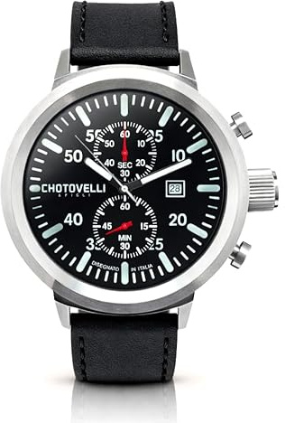 chotovelli Big Pilot Chronograph Herrenuhr, 50 mm Edelstahlgehäuse, schwarzes Zifferblatt mit leuchtenden Ziffern, Lederarmband, Saphirglas, 747.11