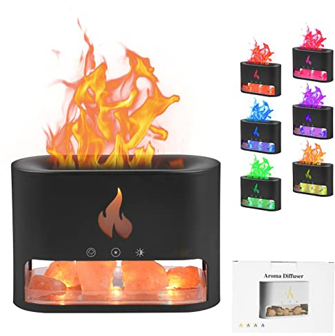 Aroma Diffuser mit Salzkristall & 3D Flammenlook, Ultraschall Luftbefeuchter, 7 Farben LED, leise, Raumerfrischer für Schlafzimmer Wohnzimmer Büro