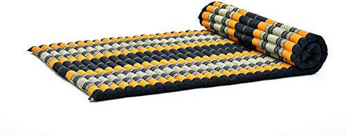 Leewadee Kapok Rollmatte – Handgefertigte Schlaf- & Relax Faltmatte aus Thailand, vielseitig als Gästebett, Campingmatte, Yogamatte oder Futon nutzbar, 190 x 100 cm, Schwarz Orange