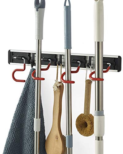 QBOSO Wall Mounted Mop and Broom Holder Stainless Steel S Type Broom Rack Anti-Slip Mop Organiser (17 Inches, 4 Positions 3 Hooks, Red Black)