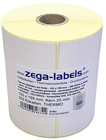 Thermo Etiketten auf Rolle - 103 x 199 mm - 250 Stück je Rolle - Kern: 25 mm - für Versandetiketten DHL - permanent haftend - mit Perforation - Druckverfahren: Thermodirekt (Drucken ohne Farbband)