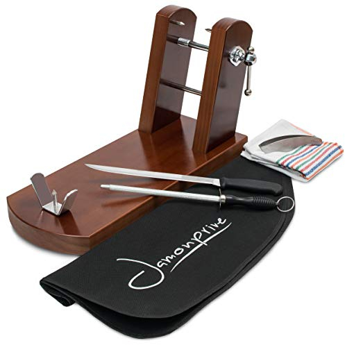 Jamonprive Support à Jambon Noix + Couteau + Fusil à Aiguiser + Couvre Jambon + Torchon + Pinces Kit de Tranchage Professionnel pour Jambon Serrano, Ibérique et Prosciutto