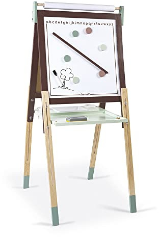 Janod - Tableau en Bois Double Face Taupe et Vert - Évolutif, Réglable en Hauteur - Ardoise Blanche Magnétique + Ardoise pour Craie - 13 Accessoires Inclus - Dès 3 ans, J09632