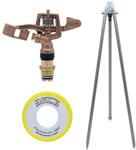 Agrarflora Vollkreisregner VYR-25, 1/2 Zoll, Komplettset mit Dreibeinstativ und 12m PTFE-Dichtungsband, Kreisregner, Sprinkler, Sprenger, Gartenbewässerung