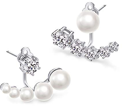 BUKEQILA Damen-Ohrringe 925 Sterling Silber Ohr Nadel Ohrstecker 5 Zirkonia+5 Perlen Ohrringe mit verschiedenen Seiten Ohr Stecker Ohrschmuck mit Geschenkbox,Super Weihnachten Geschenk