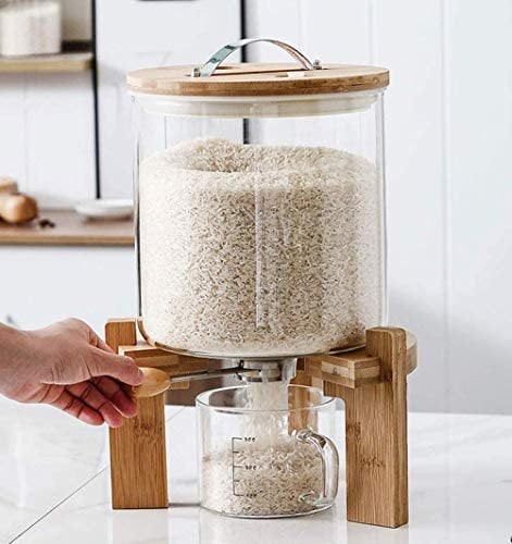 LMEIL Dry Food Dispenser with Control Glass Airtight Food Storage Containers, Cereal Storage Containers Rice Dispenser with Lids and Wooden Stand for Cereal Nuts Beans Rice