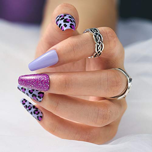 Sethexy Lange Lila Ballerina Falscher Nagel Leopard Funkeln Sarg Falsche Fingernägel Glänzend 24St Acryl Kunst Nagelspitzen für Frauen und Mädchen