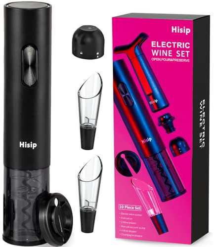 Hisip - Apribottiglie elettrico per vino, regalo di Natale, con batteria, contiene apribottiglie per birra, set regalo automatico, cavatappi elettrico, potabile per casa, bar, regalo per la festa del