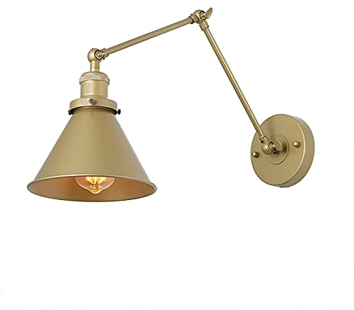 Wandleuchte Vintage Retro Ausziehbar Langarm Innen Wandlampe E27 Doppelte Lange Schwinge Einstellbar Leseleuchte Goldener Lampenschirm aus Metall für Schlafzimmer Treppenhaus Wohnzimmer Flur Küche