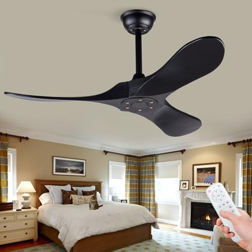 BOJUE Ventilador de Techo Negro de Madera 106 cm Sin Luz con Control Remoto 3 Aspas Silenciosas para Interior y Exterior Patio Sala de Estar Dormitorio Oficina