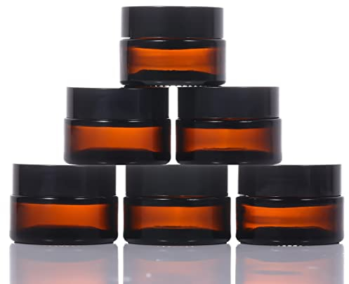 Lot de 6 bocaux en verre ambré,pots teintés de 20 ml, pots de voyage rechargeables, petites bouteilles avec couvercles noirs pour cosmétiques, poudre, lotion, crèmes
