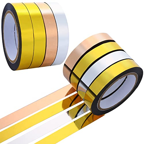 Grevosea 4 Rollen Selbstklebende Metallic Klebeband, 10mm x 20m Craft Dekorative Klebeband Fliesennahtband Masking Tapes für Wand Garderobe Badezimmer Dekoration(Gold, Silber, Roségold)