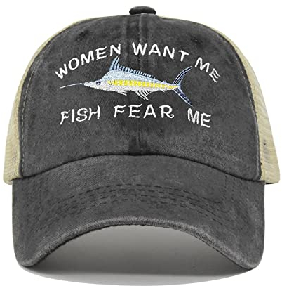 Enodtter Damen Baseballkappe, Mesh-Women Want Me Fish Fear Me-Washed Black, Einheitsgröße