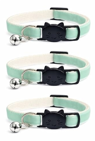 Velvet Cat Collars with Bell. Safe Breakaway Quick Release Buckle. Available in Cat & Kitten Size (Pack of 3) (Cat Collar (20cm - 30cm), Mint Green Velvet (Pack of 3))